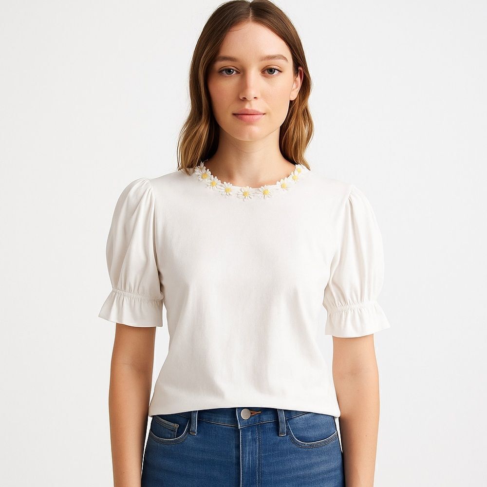 Revolve Anthropologie  Caara Floral Flower Neckline Crewneck Puffsleeve T-Shirt